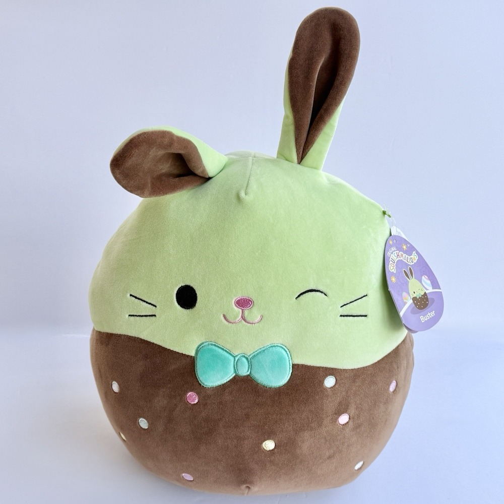 Squishmallows Buster Chocolate-Dipped Green Bunny Easter Bow Tie‎ Wink NWT